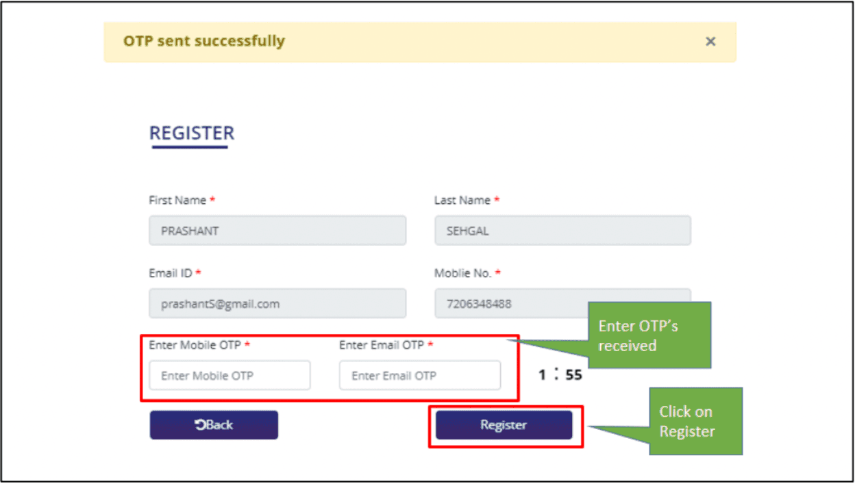 OTP registration for IEC apply online